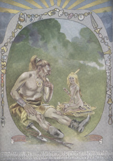 This 1912 image by J M Gleeson illustrates Kipling's How the alphabet was made. Neolithic man