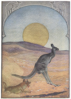 This 1912 image by J M Gleeson illustrates Kipling's The Sing Song of Old Man Kanagroo. The