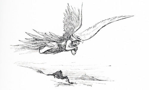 Loki flew to the land of the giants to find Thor's hammer, Mjollnir. There he met Thrym, king of