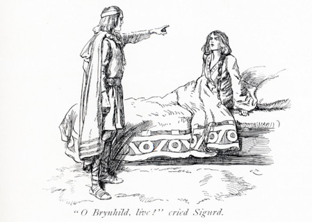 The early 1900s caption reads: ""Brynhild, live‚ cried Sigurd.""  According to legend, Sigurd found