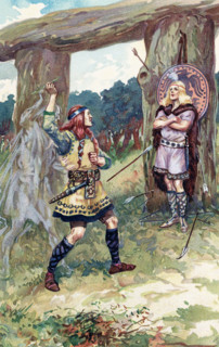 The 1913 caption reads"": Hodur took mistle toe from Loki and Loki guided his arm and hurled it at