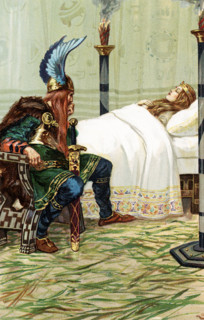 The early 1900s caption reads: ""Harold sat by her side and watched her."" The image shows Harald
