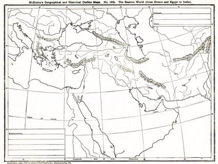 This geographical and historical outline map shows the Eastern world from Greece to Egypt to India.