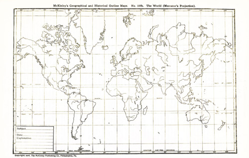 This geographical and historical outline map shows the world according to Mercator's Projection.