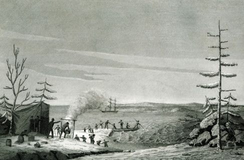 This image shows the landing of the Pilgrims in 1620. Their ship, the Mayflower, can be seen