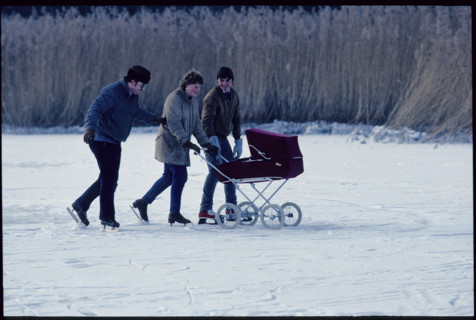 Winter 1987: Ice Skating with a pram.