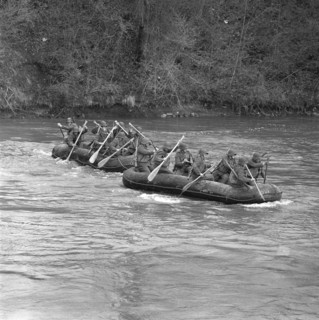 Pontooneers crossing Reuss by rubber dinghy 1956.