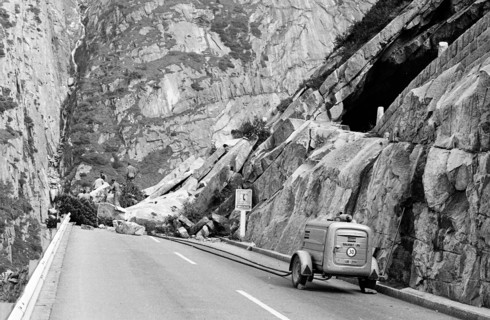 Blasting after rock slip, Gotthard pass road 1969.