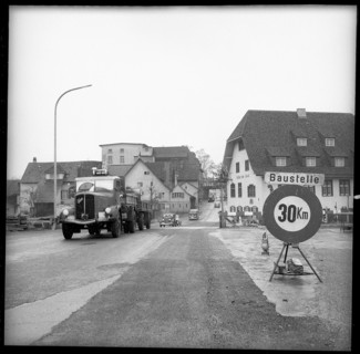 Truck crossing the new Ergolz bridge; 1958.