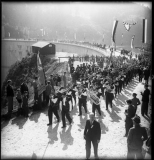 Lake Gruyere, opening of the Rossens dam 1948.
