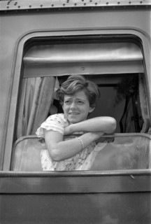 Rita Pavone looking out of train window 1966.