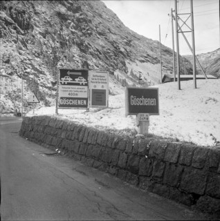 Gotthard pass road at Goschenen with snow 1961.