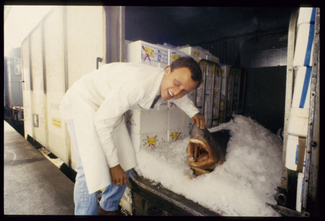 Guilio Bianchi controls the transport of fish, Comestible Bianchi, Zurich 1984