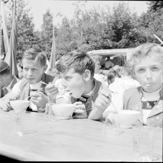 National holiday: Boys eating Knorr soup; 1962