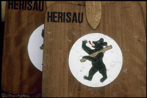 Hornussen festival 1988: decorated boards, board, bats, bat