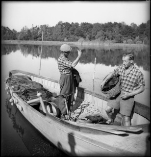 Swiss fishermen on Lake Constance on fishing boat 1945