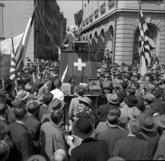 Farmers protest against milk price reduction; cut in milk price; 1954