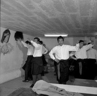 Tibetan men practicing folk dance, Waldstatt 1963