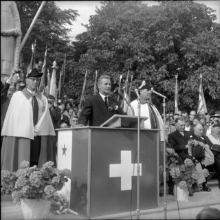 Roger Bonvin, newly elected federal councilor visiting Sion; 1962