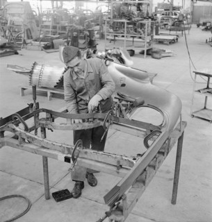 Factory workers, assembly hangar; General Motors 1946