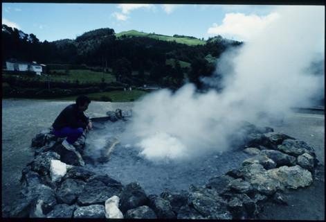 Man by volcanic spring, Geyser, Azores 1984