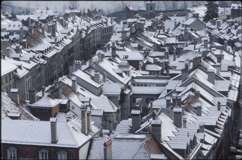 Snow-covered roofs of Bernese old town 1980