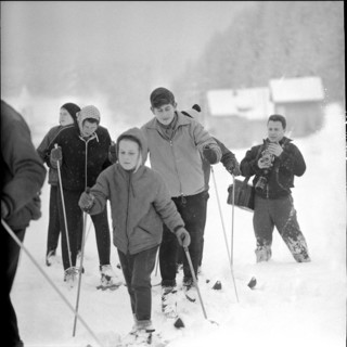 Frederika of Hanover ahead of Prince Charles, skiing holiday in Tarasp 1963