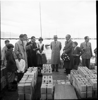 Henri Guisan on transport ship, building materials for rebuilding, 1948