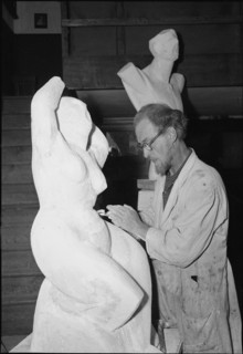 Sculptor working in artists home Riesbach, Zurich 1950