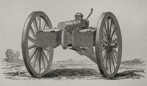 Christophe-Montigny Mitrailleuse. Hand-crank operated. It was developed by the Belgian arms factory