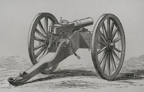 Christophe-Montigny Mitrailleuse. Hand-crank operated. It was developed by the Belgian arms factory