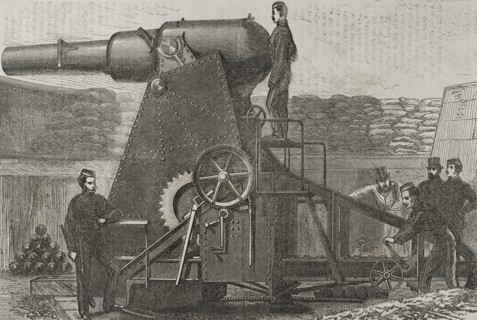 Moncrieff 7-ton gun carriage. Engraving. ""Historia de la Guerra de Francia y Prusia"" (History of