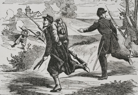 Franco-Prussian War (1870-1871). French army. Light infantry wearing field uniform. Engraving.