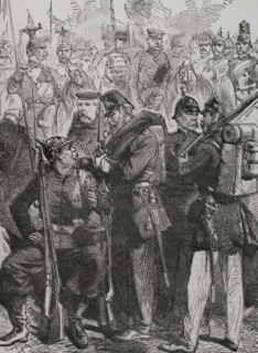 Prussian army uniforms in 1870. Engraving. ""Historia de la Guerra de Francia y Prusia"" (History