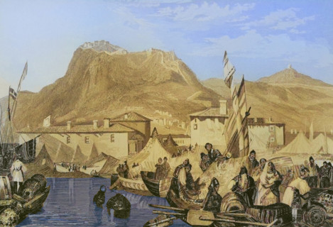 Greece. Corinth, Port of Kenkries. Engraving by Aubert. Later colouration. ""La Tierra Santa y los