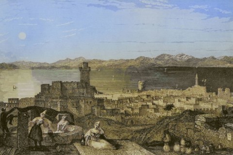 Island of Rhodes. Rhodes. Engraving by Leonce Lhuillier. Later colouration. ""La Tierra Santa y los