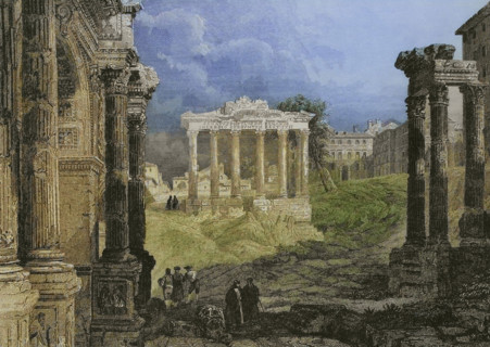 Roman Forum. Engraving by Leonce Lhuillier. Later colouration. ""La Tierra Santa y los lugares