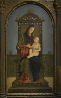 Filippo Mazzola (1460-ca. 1505). Italian painter. Virgin and Child on the throne. Detail of the