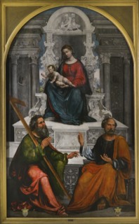 Ludovico Mazzolino (1480-ca. 1528). Italian painter. Virgin and Child on the throne with Saint