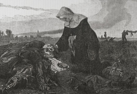 Franco-Prussian War (1870-1871). Sisters of Charity on the battlefield, tending to the wounded.