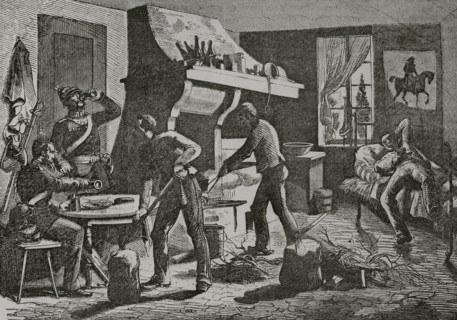 Franco-French War (1870-1871). Prussian soldiers housed in France. Engraving. ""Historia de la