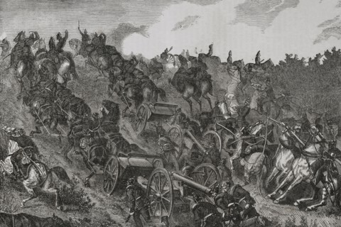 Franco-Prussian War (1870-1871). Prussian artillery engaging in combat. August 1870. Engraving.