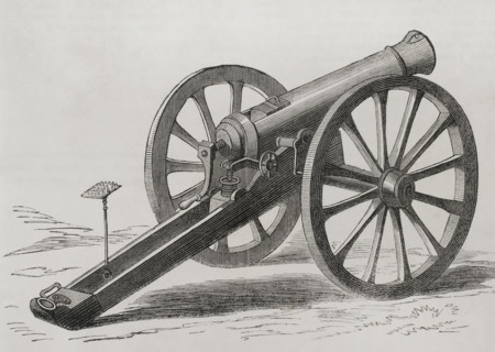 French Mitrailleuse. Back view. Engraving. ""Historia de la Guerra de Francia y Prusia"" (History