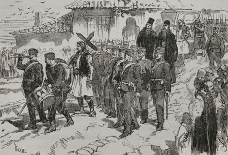Russo-Turkish War (1877-1878). Burial of a Serbian volunteer. Engraving by Vierge. ""La Guerra de