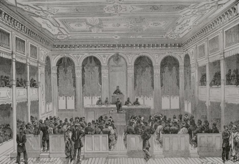 Istanbul, Turkey. A session of the Turkish Parliament. Engraving by Roch-Regnier. ""La Guerra de