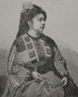 Romanian woman wearing traditional costume. Engraving by Richard Brend'amour. ""La Guerra de