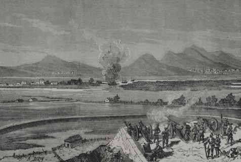 Russo-Turkish War (1877-1878). Blowing up of the Turkish gun-boat ""Lutfi Djelil"", as seen from