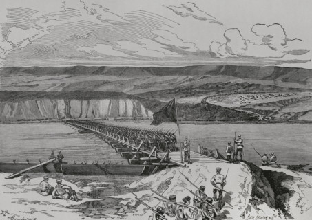Russo-Turkish War (1877-1878). Crossing the Danube by the Russian troops. Bridge of Simnitza, June