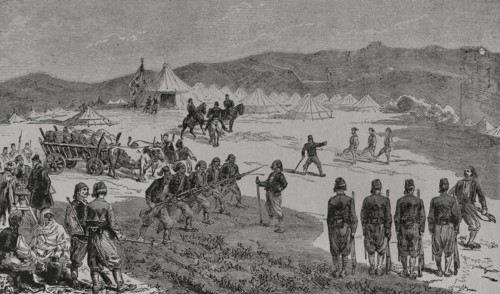 Russo-Turkish War (1877-1878). Volunteers' camp on the heights of Constantinople. Engraving. ""La