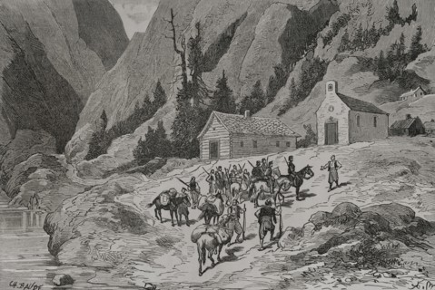 Russo-Turkish War (1877-1878). Mirditor chiefs inspecting mountain cottages. Engraving by Charles